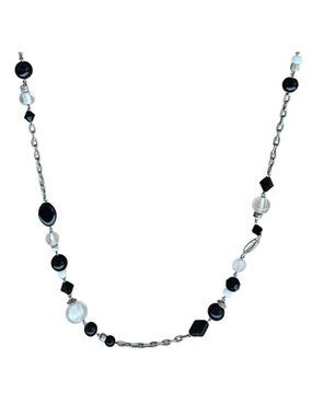 Elegant Black White Beaded Necklace Silver Tone Chain Classic Fashion Jewelry